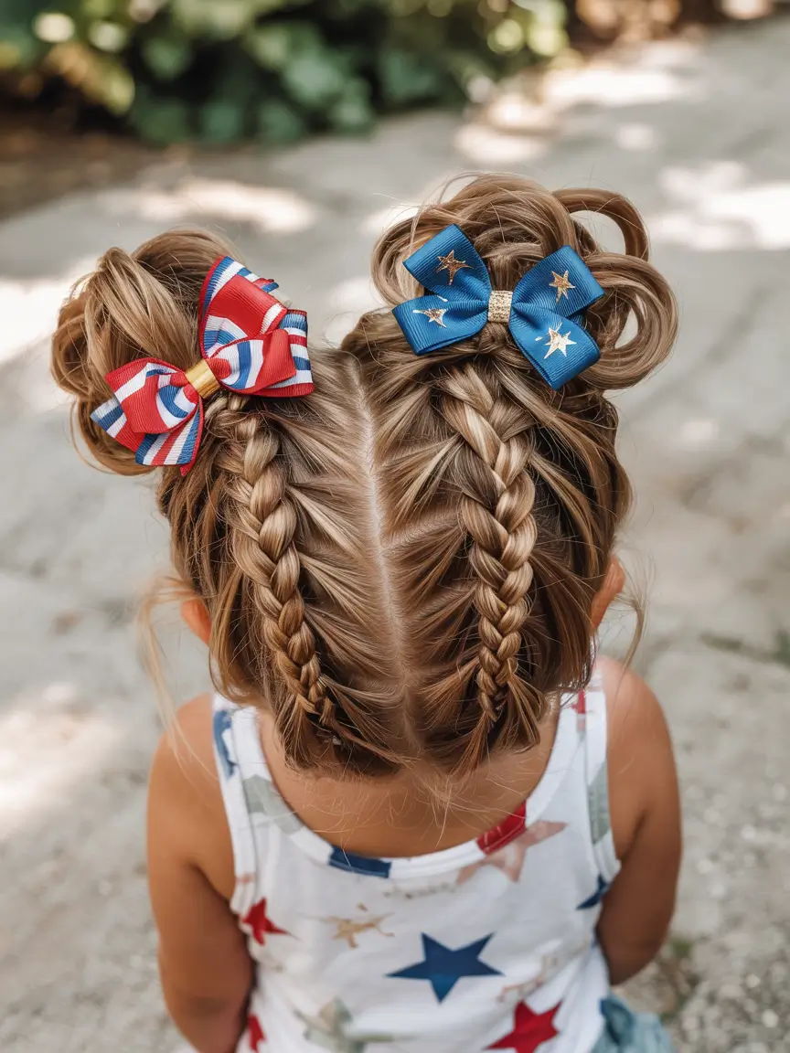 4th of july hairstyles ideas 2025 Twist-Top Space Buns for Littles