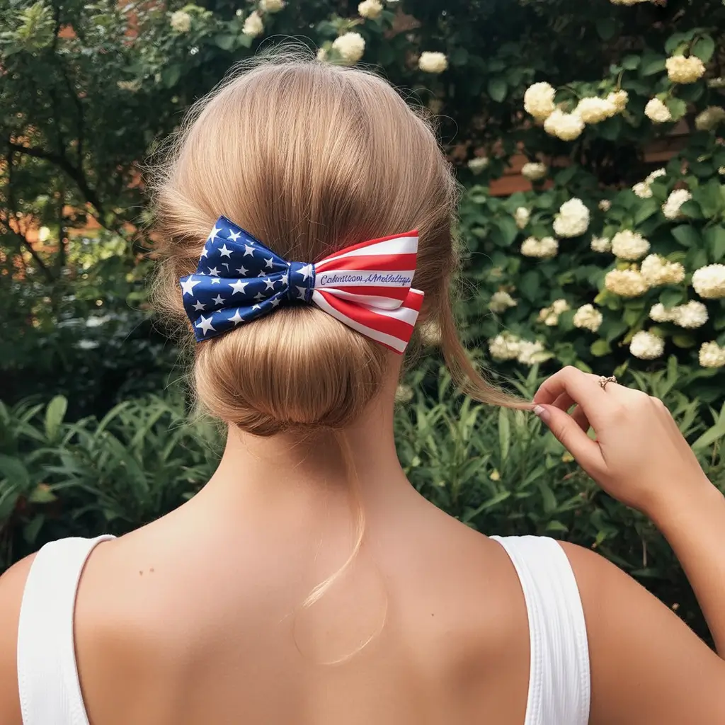 4th of july hairstyles ideas 2025 Low Bun with Patriotic Bow Twist