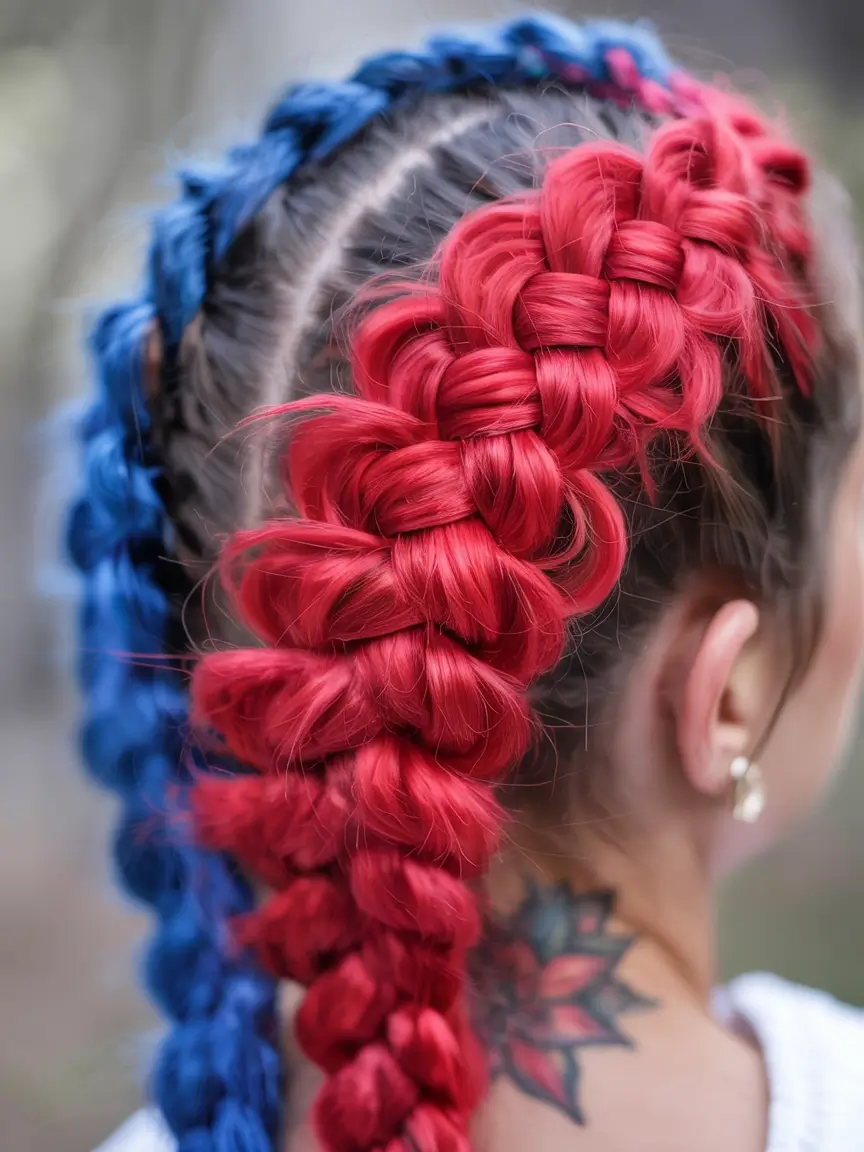 4th of july hairstyles ideas 2025 Bold Braided Duo in Red and Blue