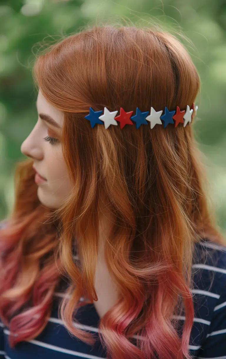 4th of july hairstyles ideas 2025 Star Headband and Rosy Ombre Ends