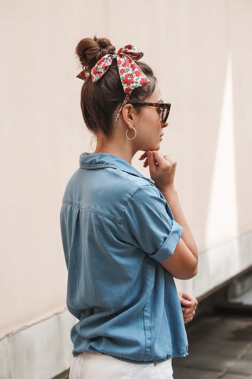 4th of july hairstyles ideas 2025 Floral Bow and Lazy-Girl Top Knot
