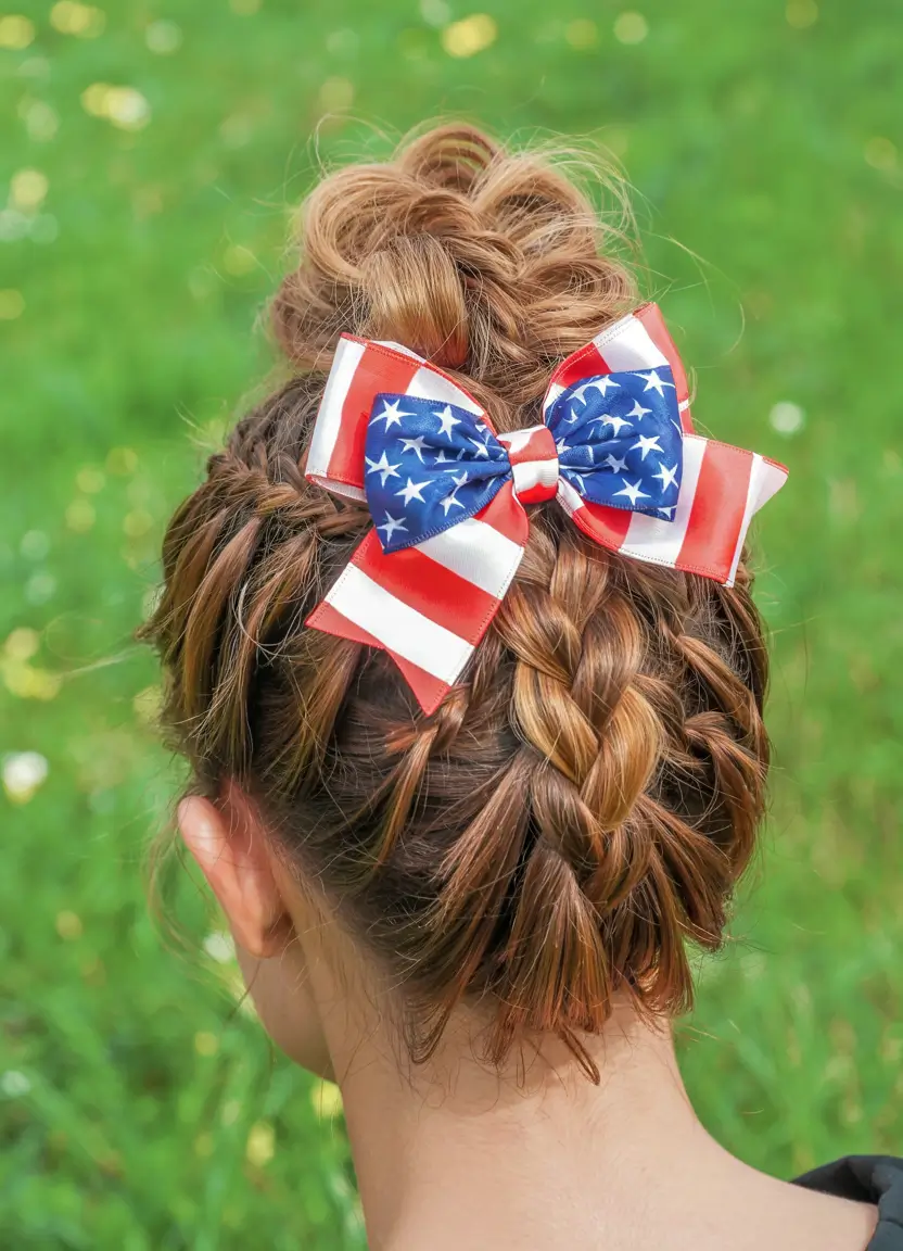 4th of july hairstyles ideas 2025 Braided Bun with Patriotic Flair