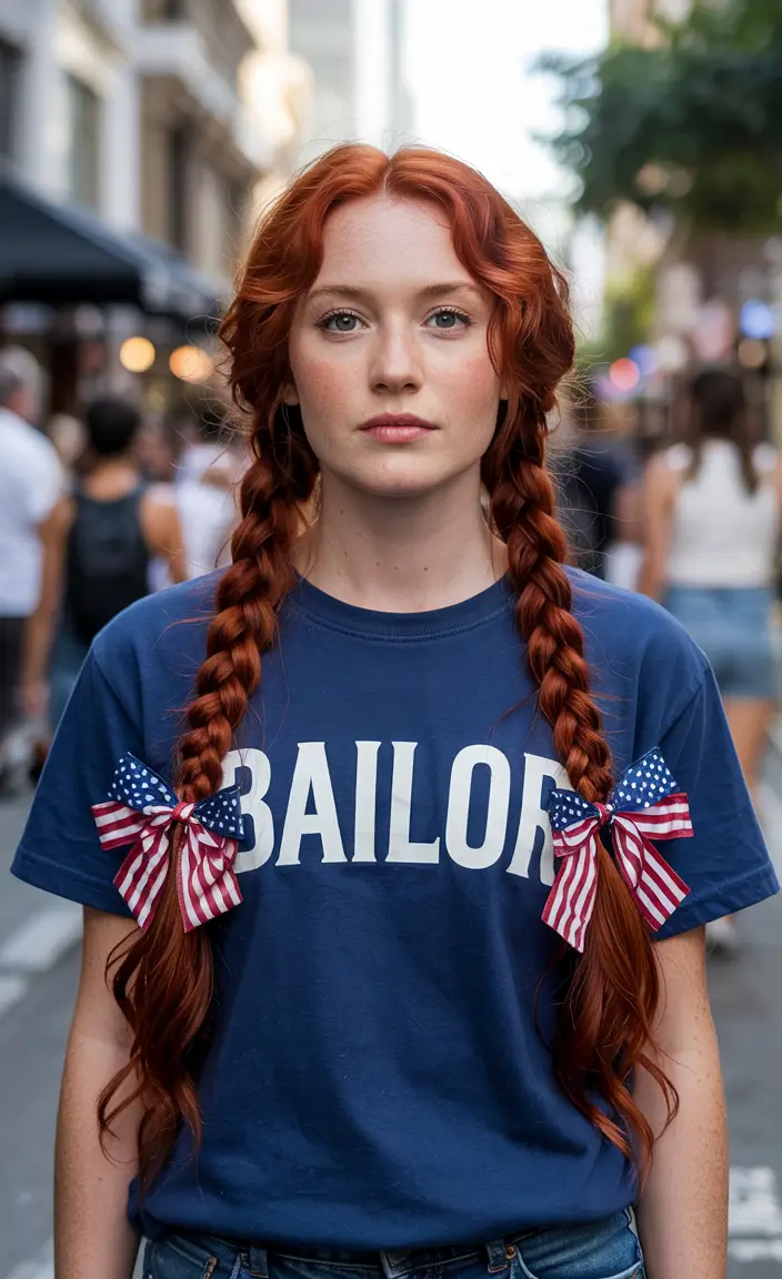 4th of july hairstyles ideas 2025 Double Braids with Patriotic Ribbon Bows