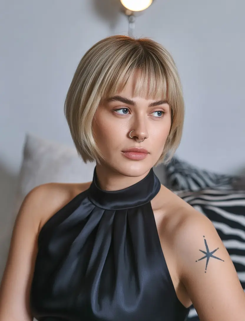 August hair color French Bob with Champagne Blonde Finish