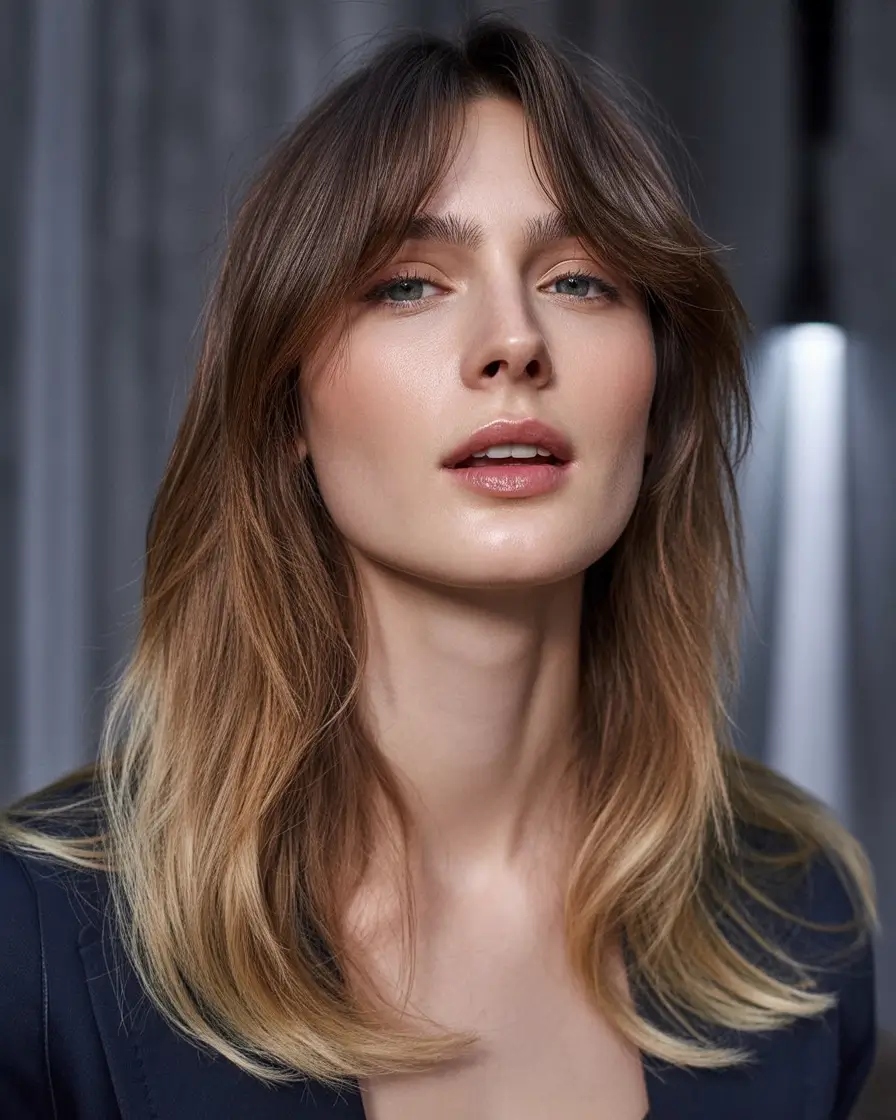 August hair color Layered Soft Brunette with Curtain Bangs