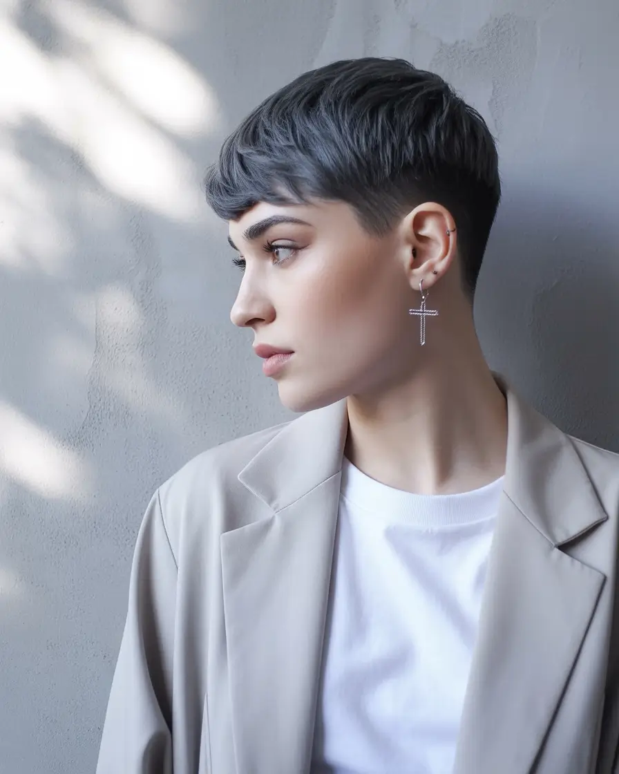 August hair color Steel-Toned Pixie for a Bold Reset