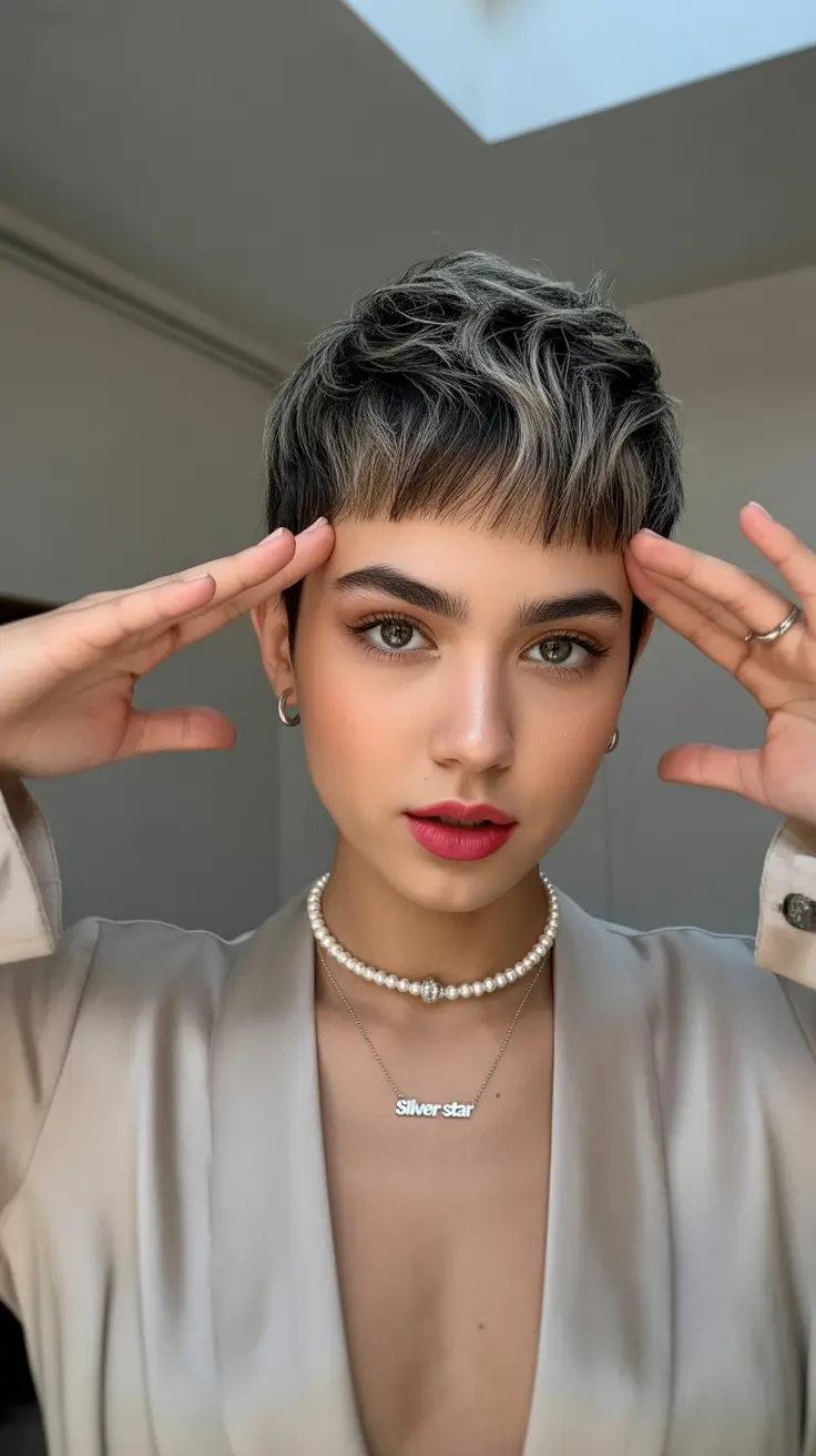 August hair color Textured French Pixie with Ashy Balayage Tips