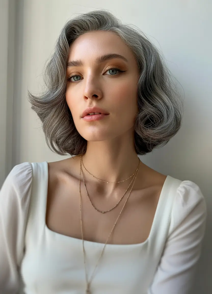 August hair color Modern Gray Bob with Vintage Waves