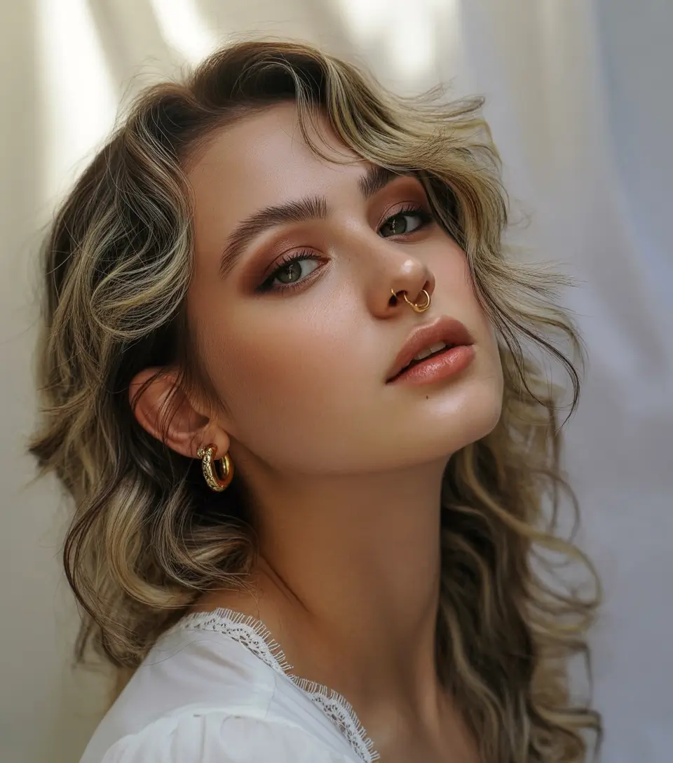 August hair color Sunlit Curly Lob with Golden Depth