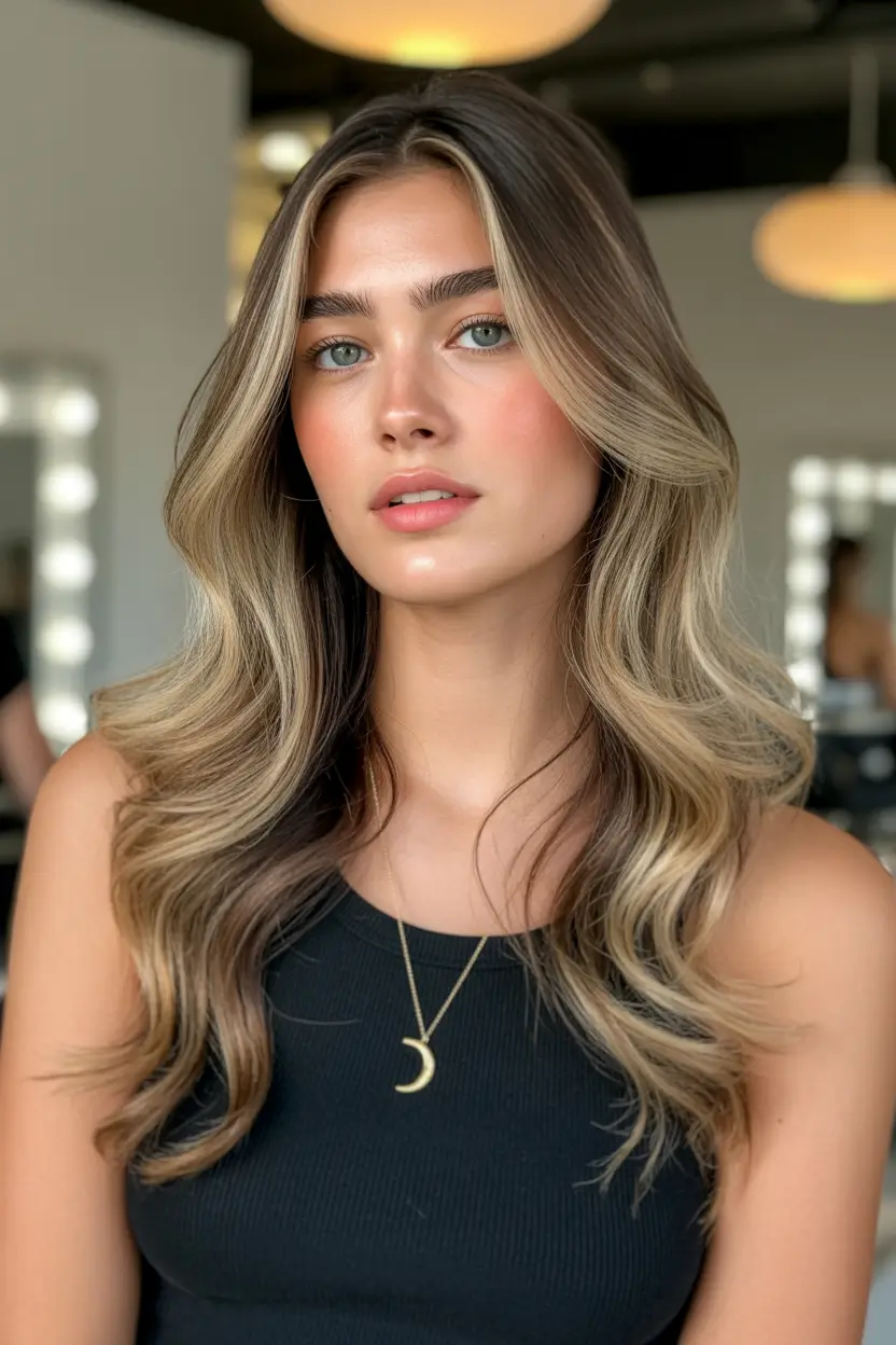 August hair color Glossy Ash-Brunette with Soft Face Framing