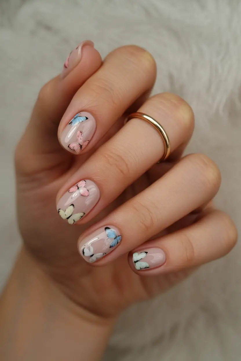 Butterfly-Kisses-on-a-Glossy-Base+August-Nails-Color-Ideas-2025