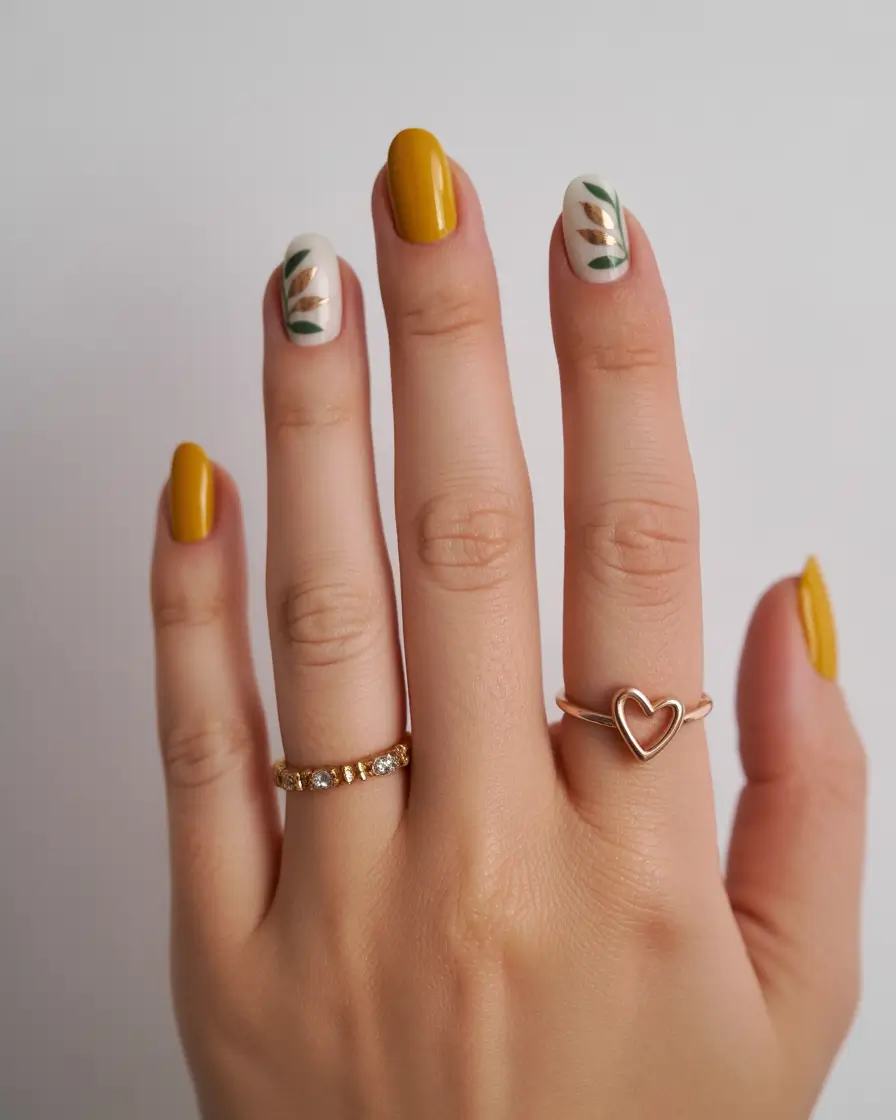 Sun-Kissed-Mustard-&-Botanical-Vibes+August-Nails-Color-Ideas-2025