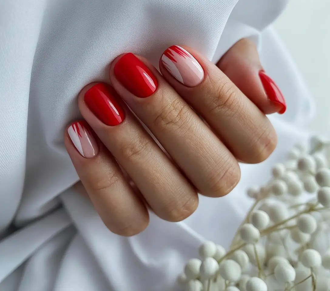 Brushstroke-Chic-in-Red-and-Nude+August-Nails-Color-Ideas-2025