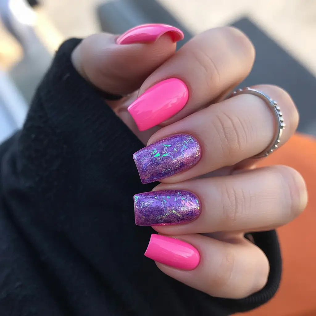 Pink-Bubblegum-Meets-Holographic-Fantasy+August-Nails-Color-Ideas-2025