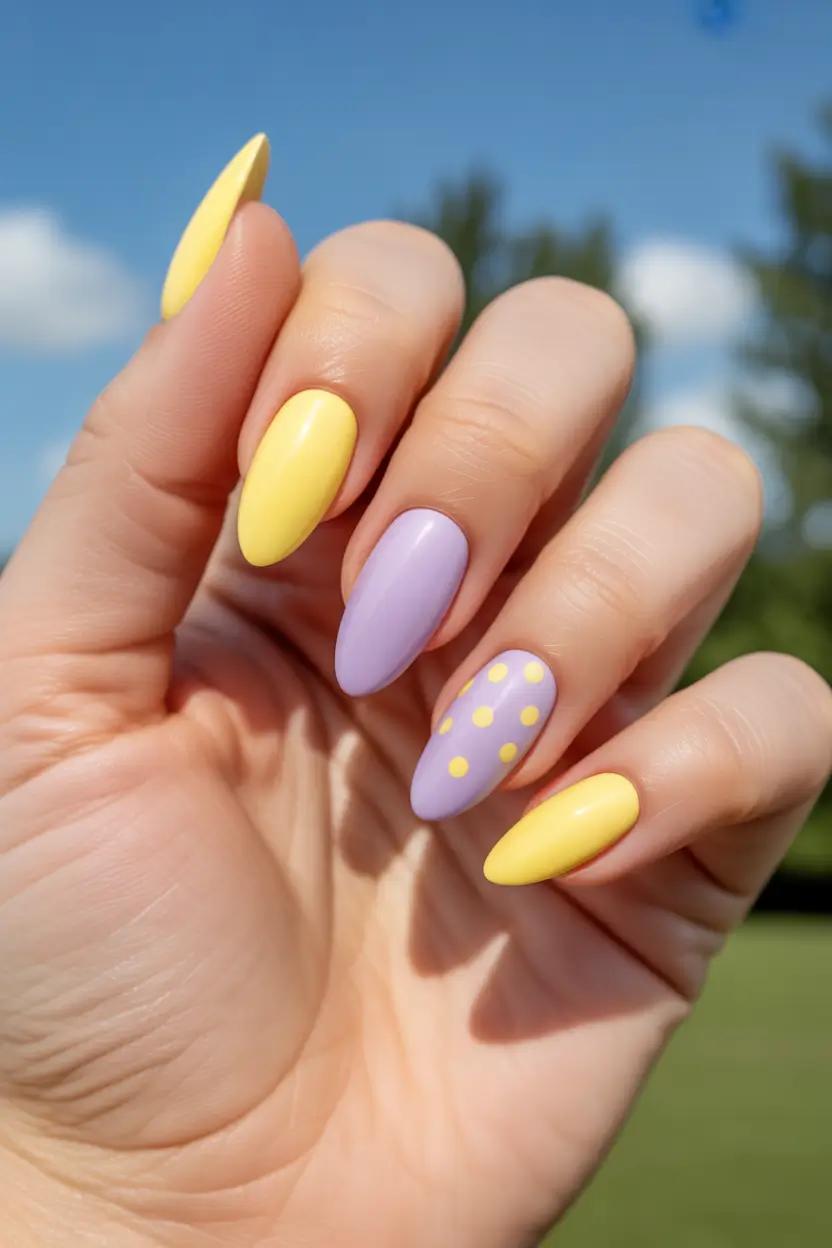 August nails color Lemonade & Lavender Dots