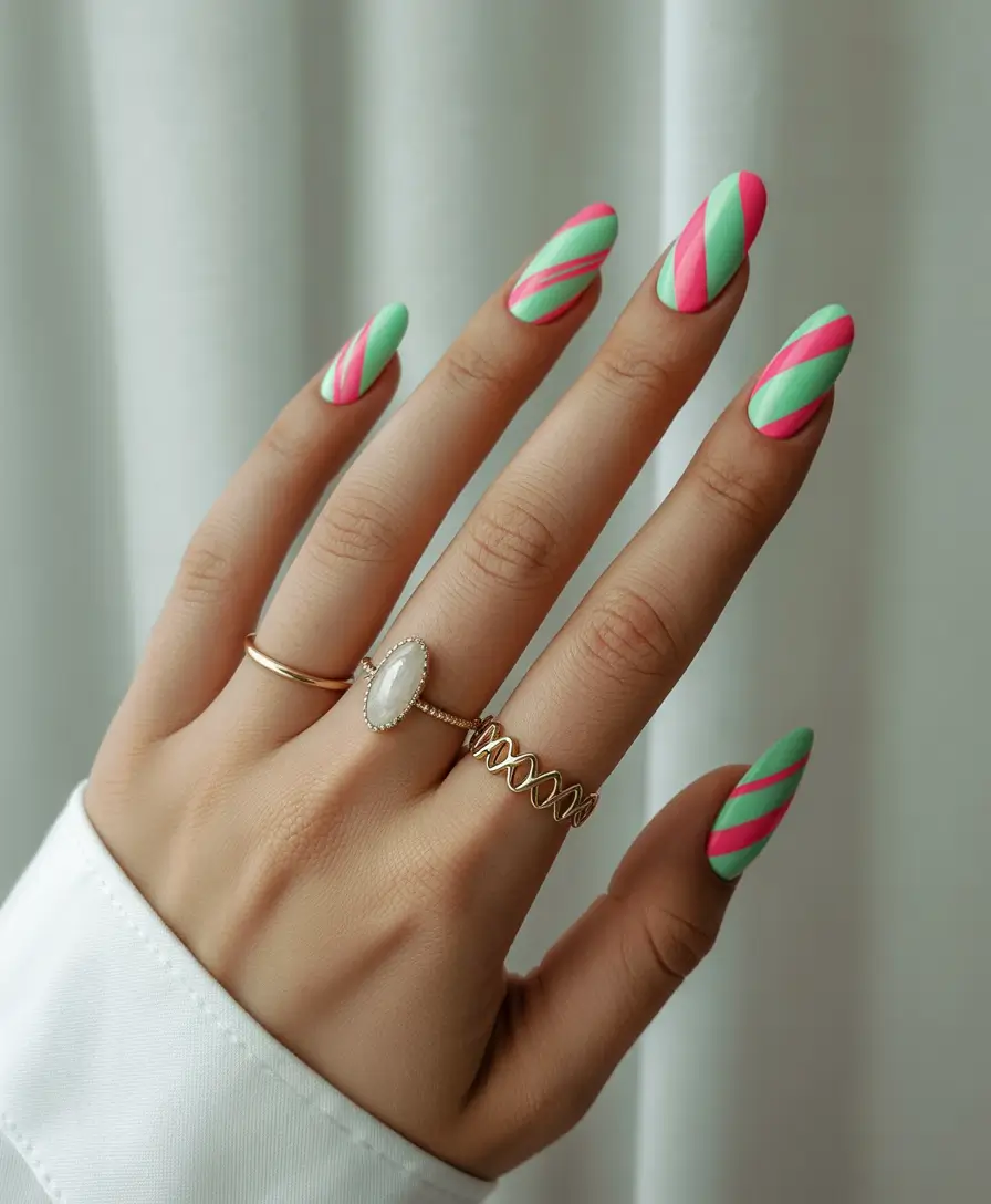 August Nails Design – Watermelon Twist Stripes