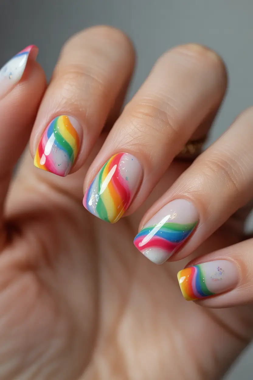 August Nails Design – Rainbow Swirl Confetti