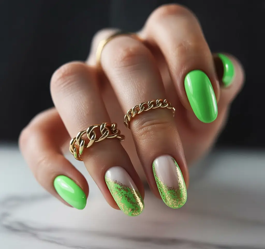 August Nails Design – Electric Green & Gold Drama