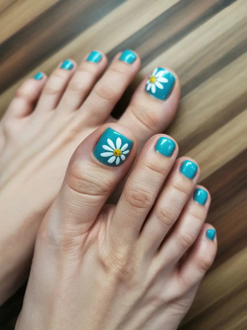 Retro Turquoise Daisy+August Toe Nails Ideas 2025