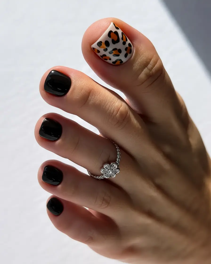 August toe nails+Glossy Black and Leopard Accent