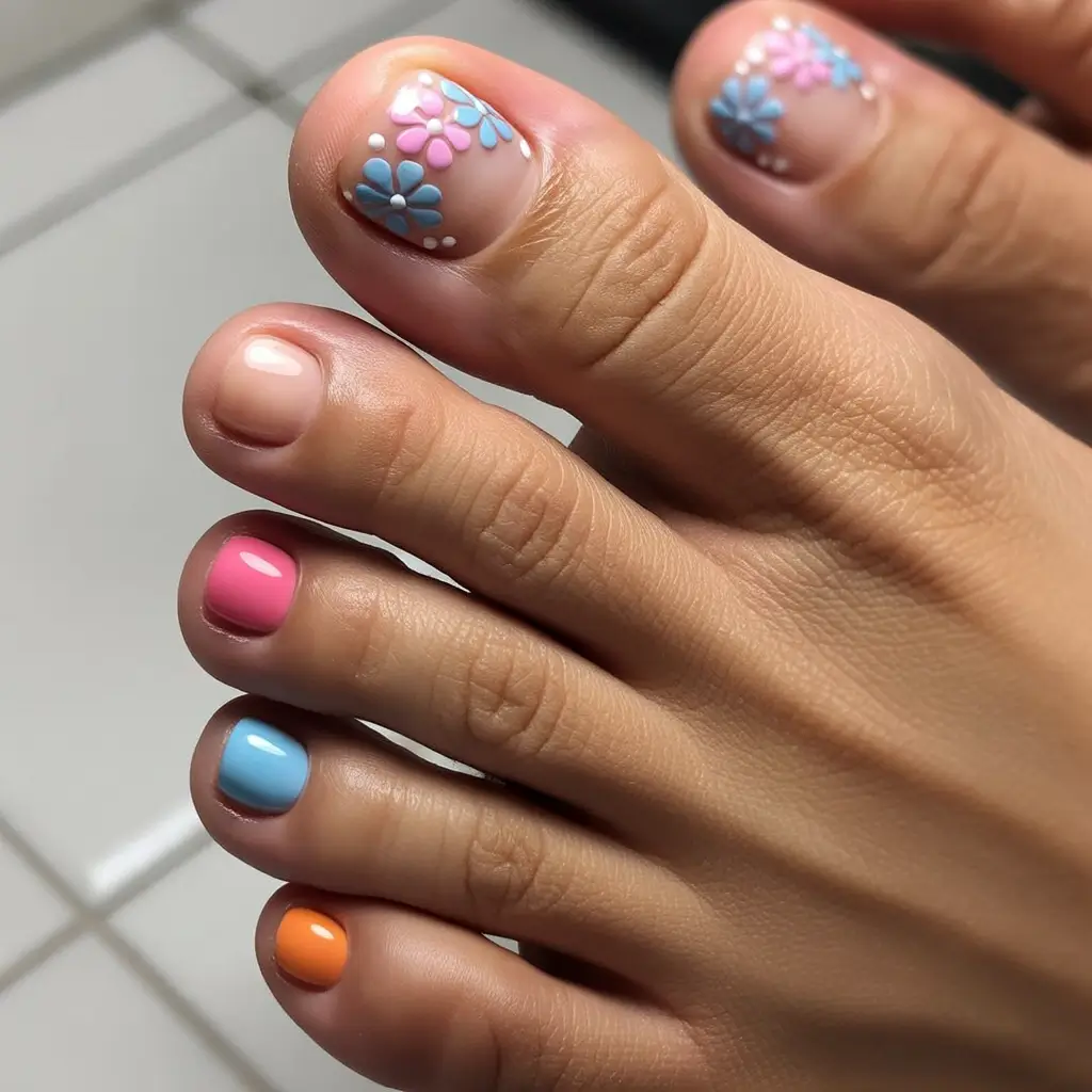 August toe nails+Retro Flower Pop With Multicolor Tips