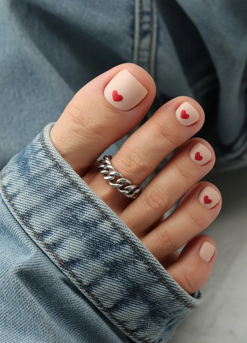 August toe nails+Matte Beige with Baby Red Hearts