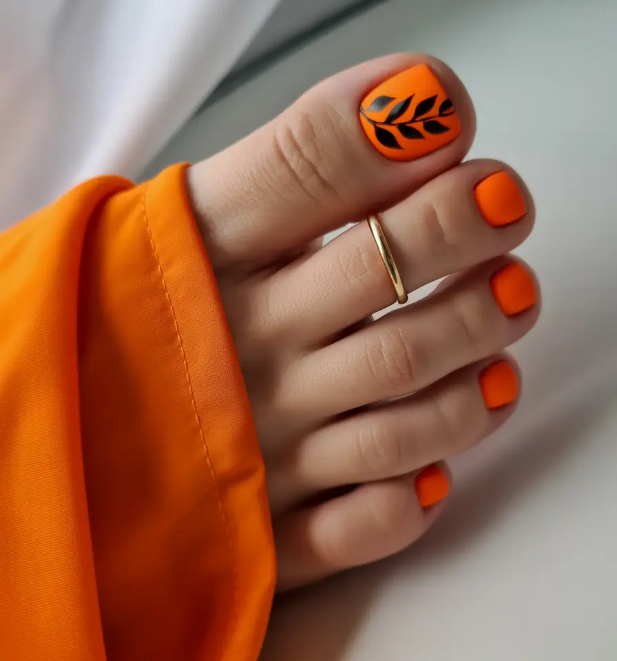 August toe nails+Matte Orange with Jet Black Leaf