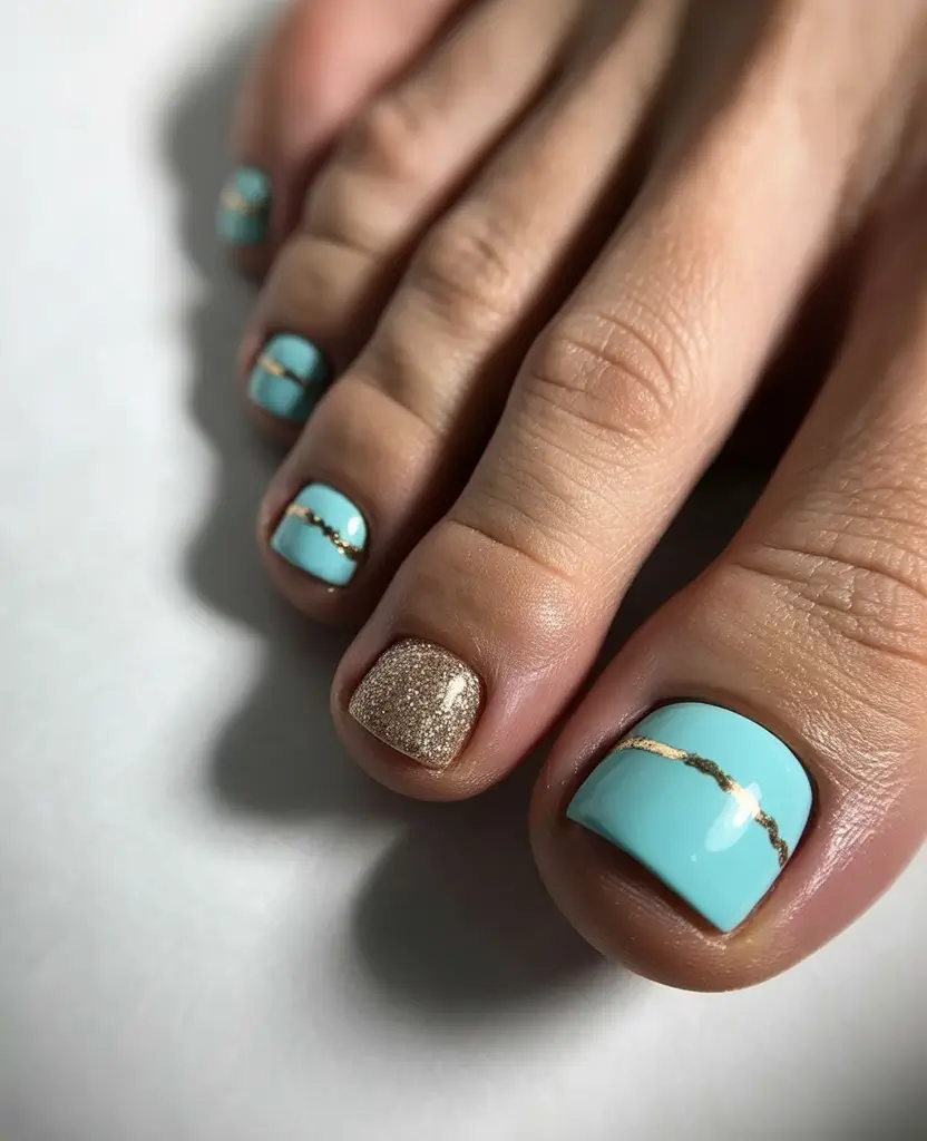 Tropical Aqua & Gold Accent+August Toe Nails Ideas 2025