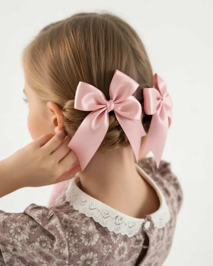 back to school hairstyles - fresh ideas 2025+Double Braided Buns with Pink Bows