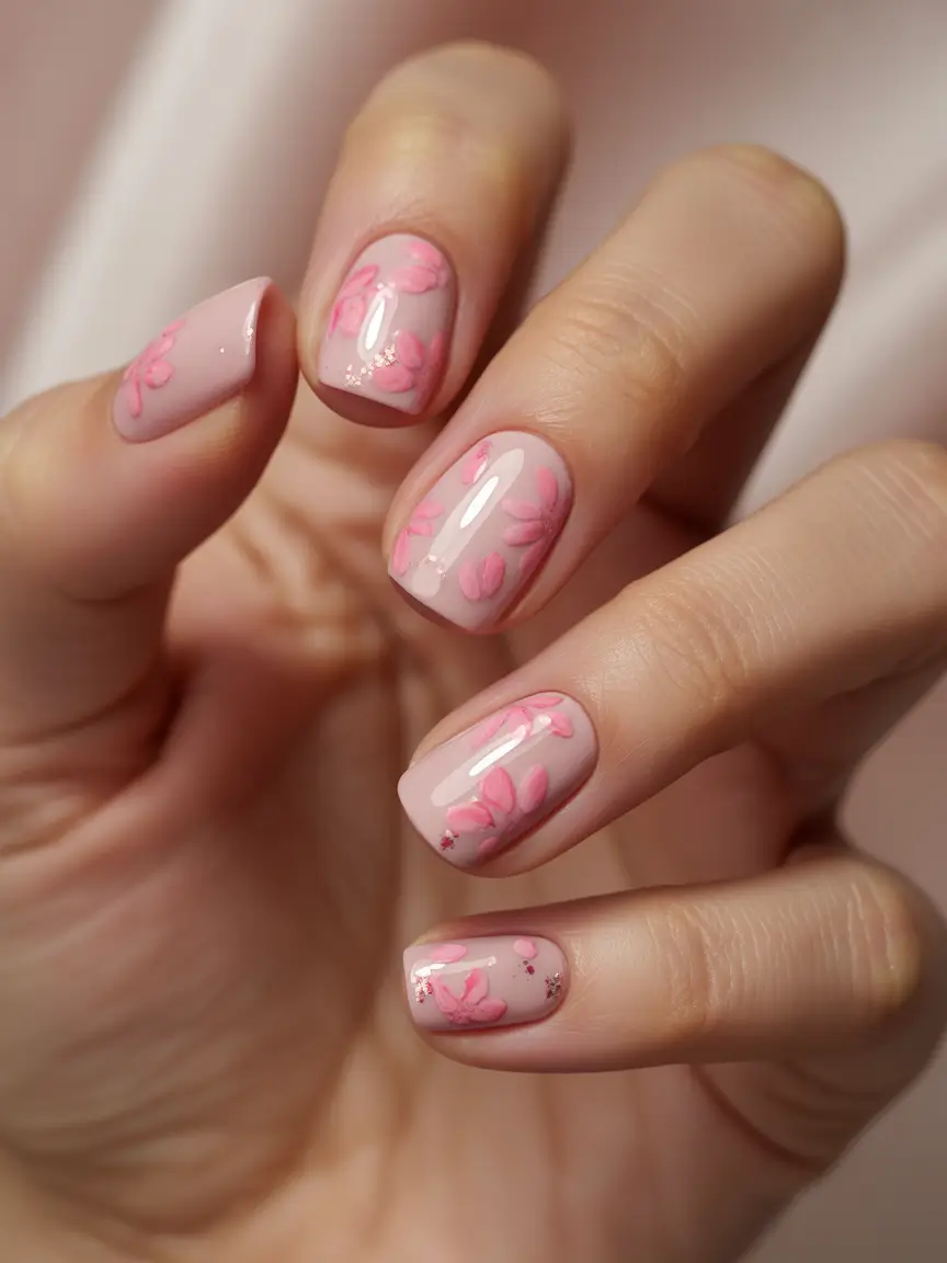 back to school nails simple ideas 2025 Soft Florals on Blush Base