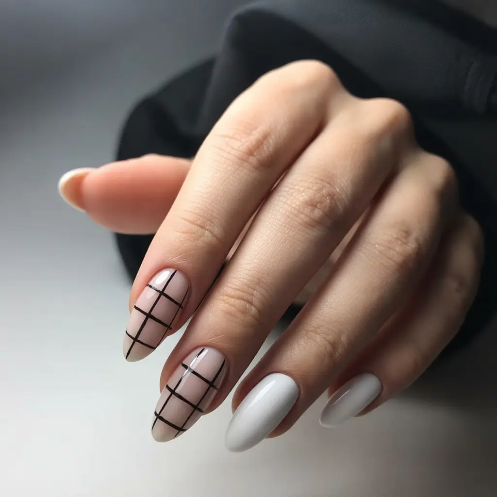 back to school nails simple ideas 2025 Chalkboard Check Meets Ivory