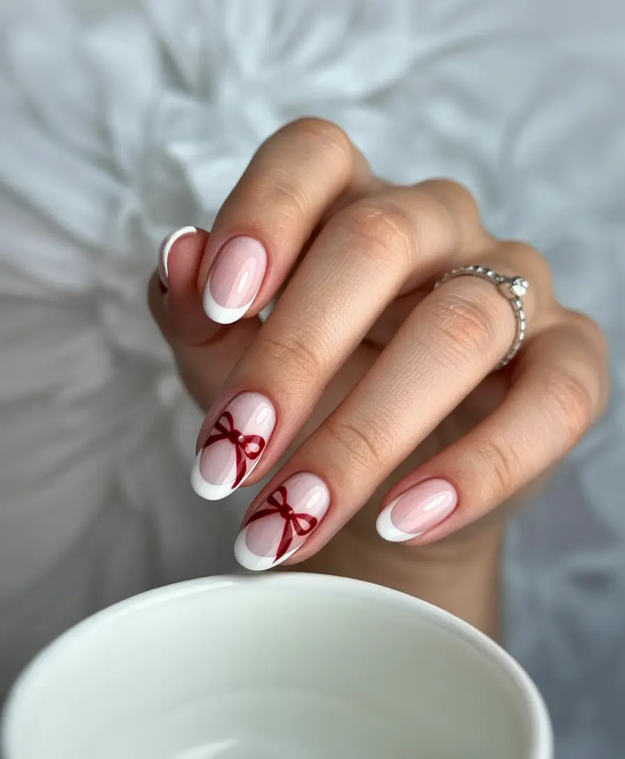 back to school nails simple ideas 2025 French Tips with Red Ribbon Art