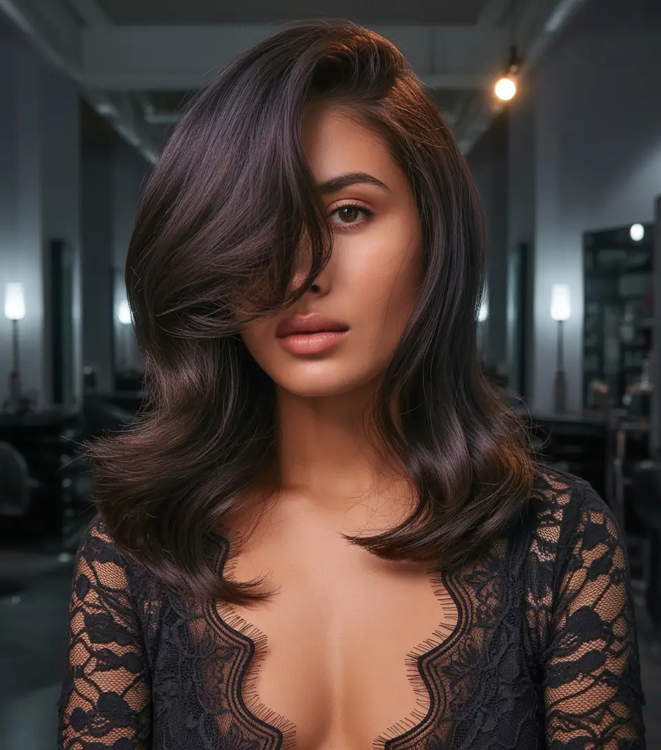 Fall hair color Glossy Chocolate Volume with Retro Curtain Flip