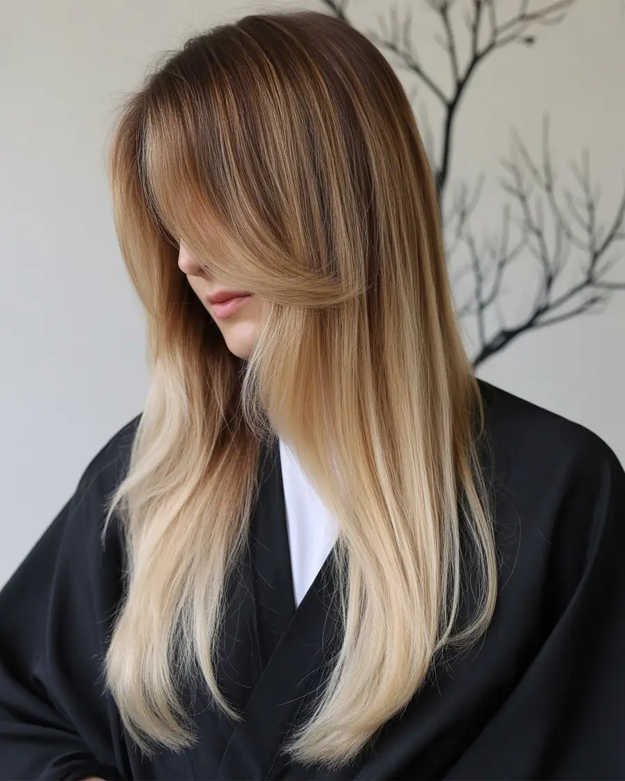 Fall hair color Rooted Blonde Ombre with Feathered Curtain Fringe