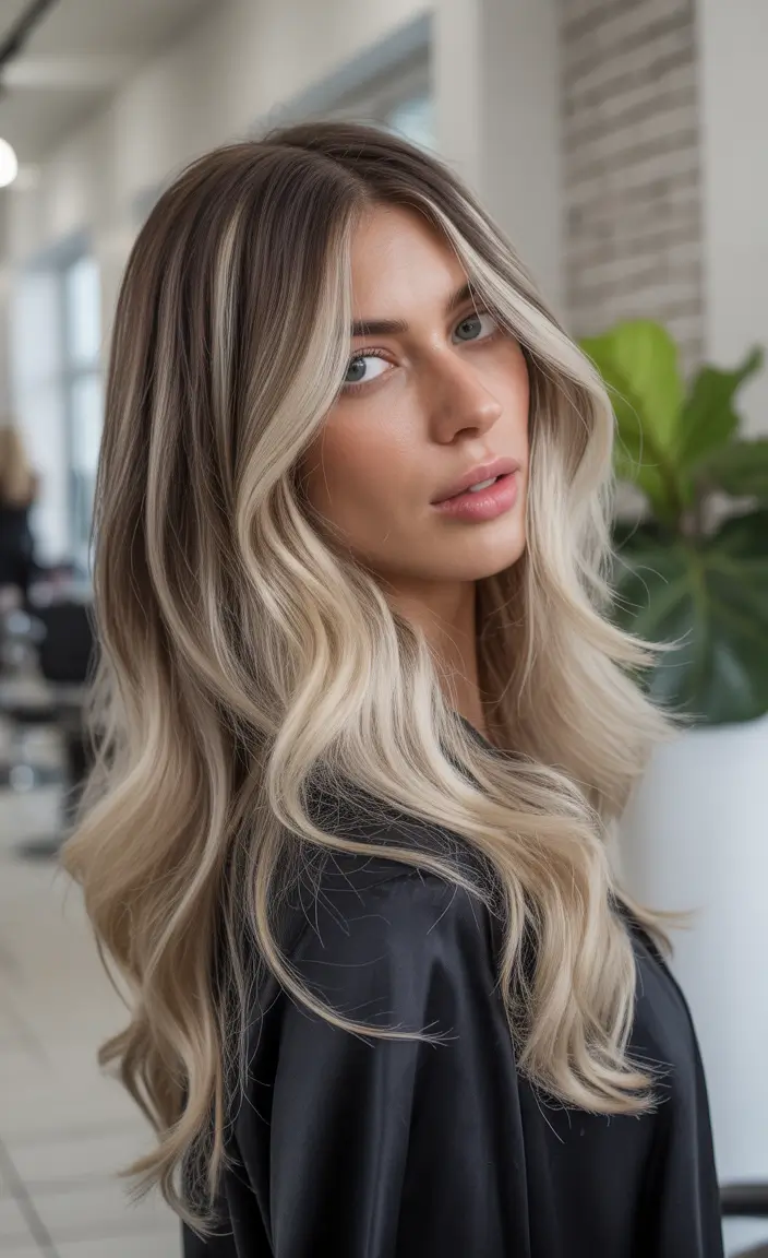 Fall hair color Creamy Latte Blonde with Melted Root Shadow