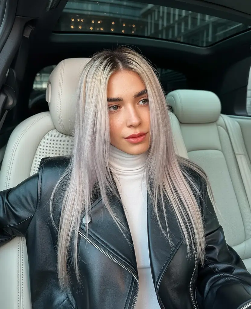 Fall hair color Glacier Blonde with Subtle Lavender Glaze