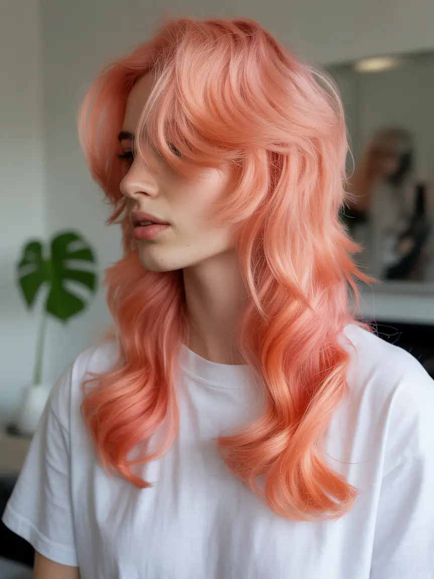 Fall hair color Peach Sherbet Layers with Retro Swoop