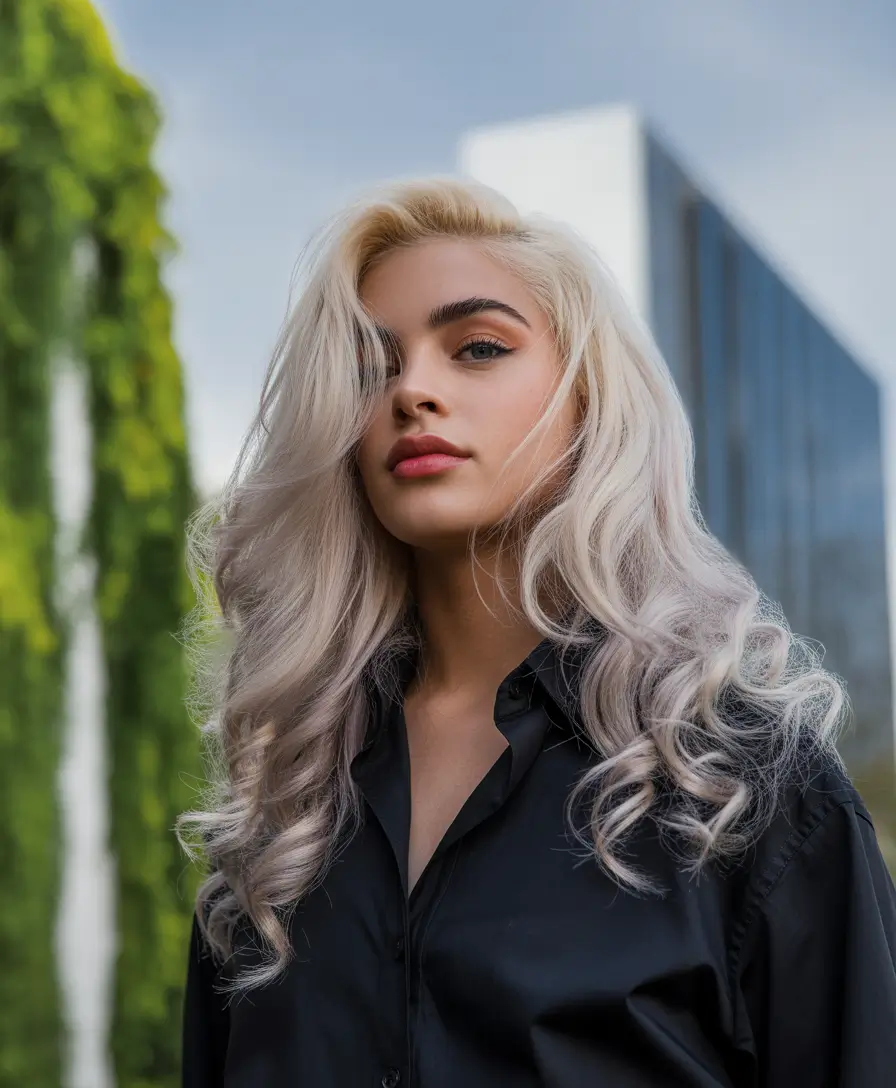 Fall hair color for blondes Smoky Platinum Curls with a Downtown Twist
