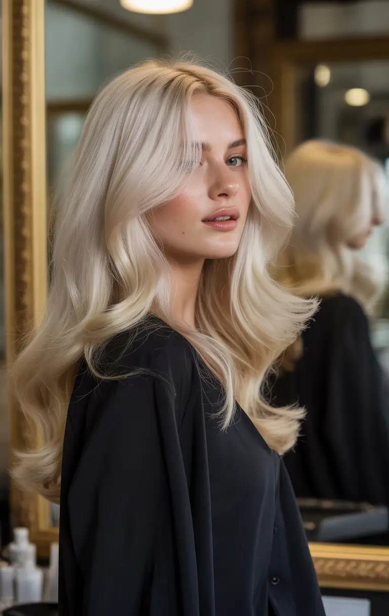 Fall hair color for blondes Frozen Blonde Curtain Layers with Airy Movement