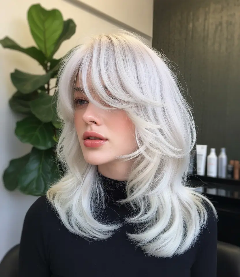 Fall hair color for blondes Frosty Platinum Feathers with Tapered Ends