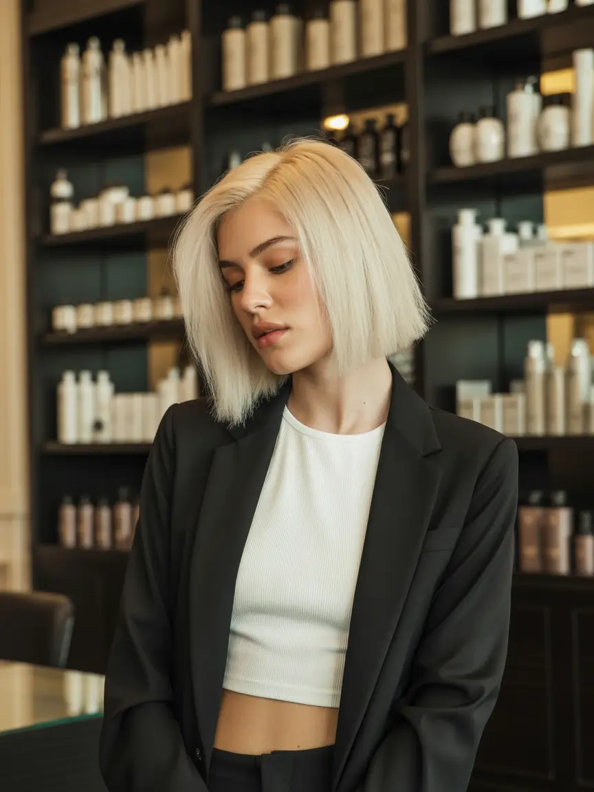 Fall hair color for blondes Sleek Platinum Bob with Glass Finish