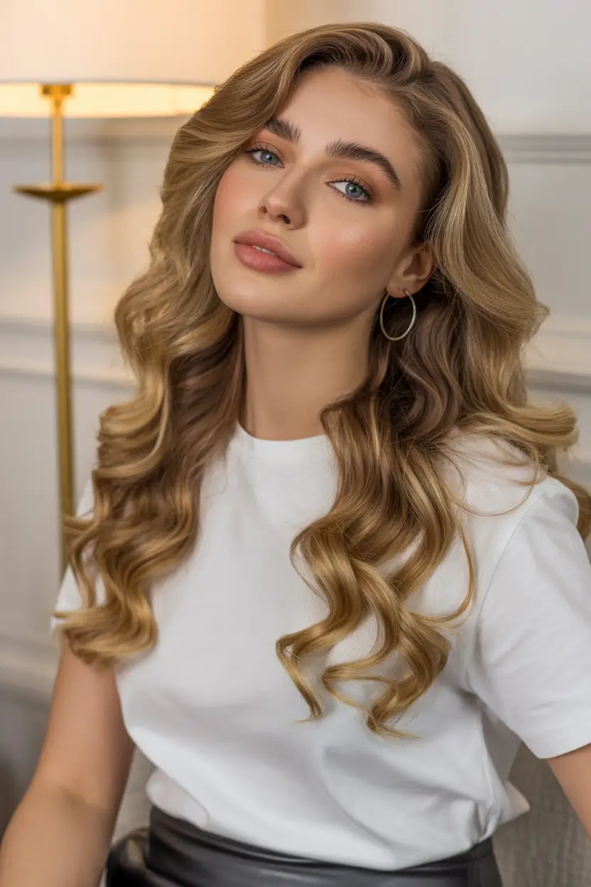 Fall hair color for blondes Golden Honey Curls with Luxurious Dimension