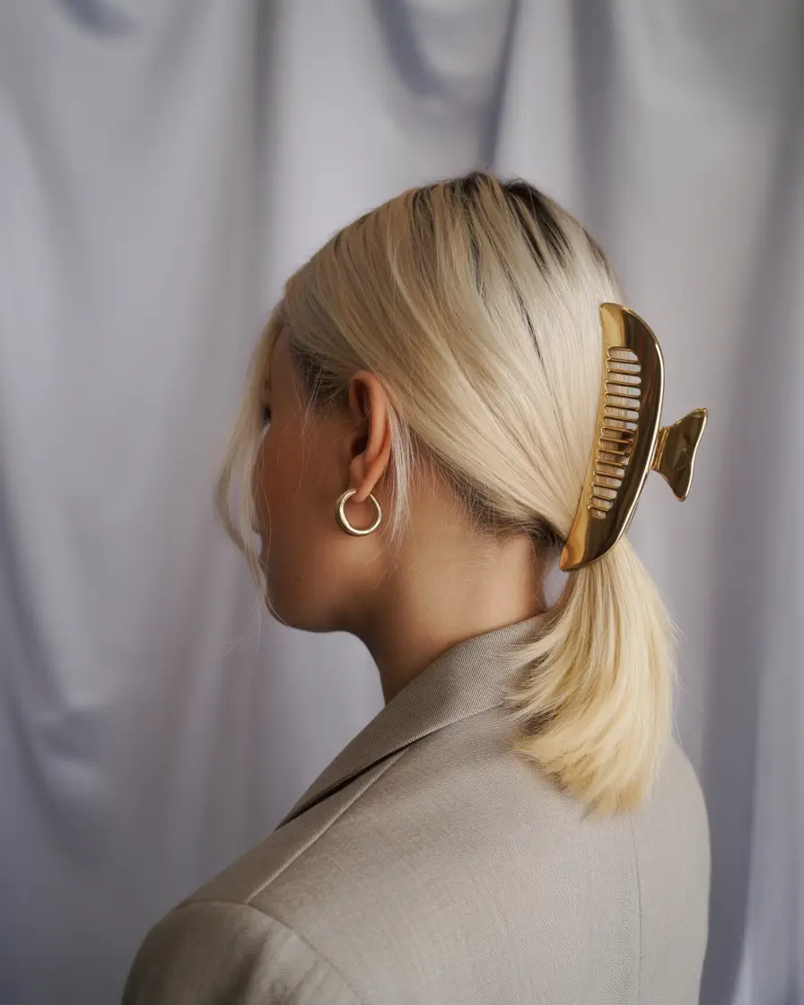 Fall hair color for blondes Clipped Sleek Blonde with Shadow Root