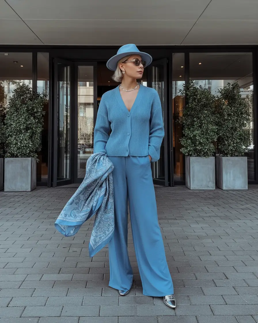 casual fall outfits for women over 30 Powder-Blue Knit Suit Serenity