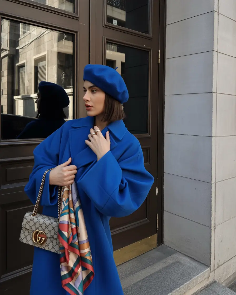 casual fall outfits for women over 30 Cobalt Beret & Bold-Coat Confidence