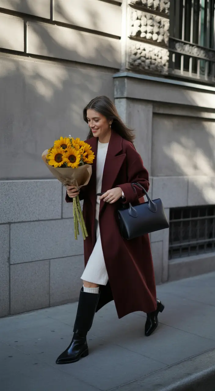 casual fall outfits for women over 30 Wine-Toned Coat & Knit Dress Stroll