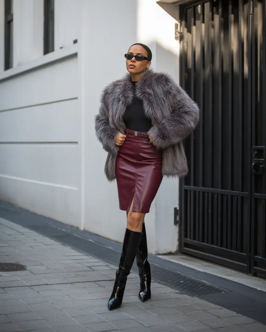 casual fall outfits for women over 30 Faux Fur + Leather Pencil Power