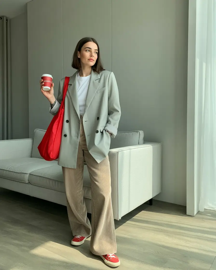 casual fall outfits for women over 30 Corduroy & Oversized Blazer Coffee Run