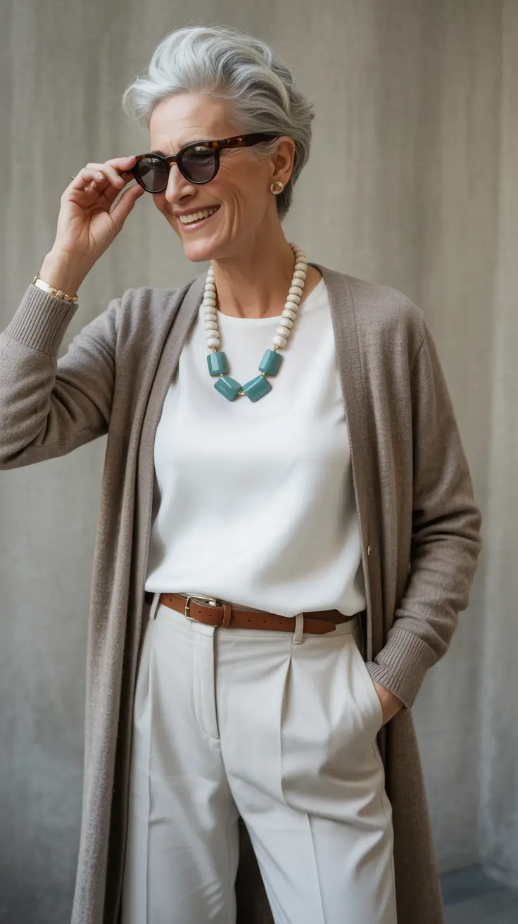 fall outfits for women over 50 Soft Neutrals with a Pop of Turquoise