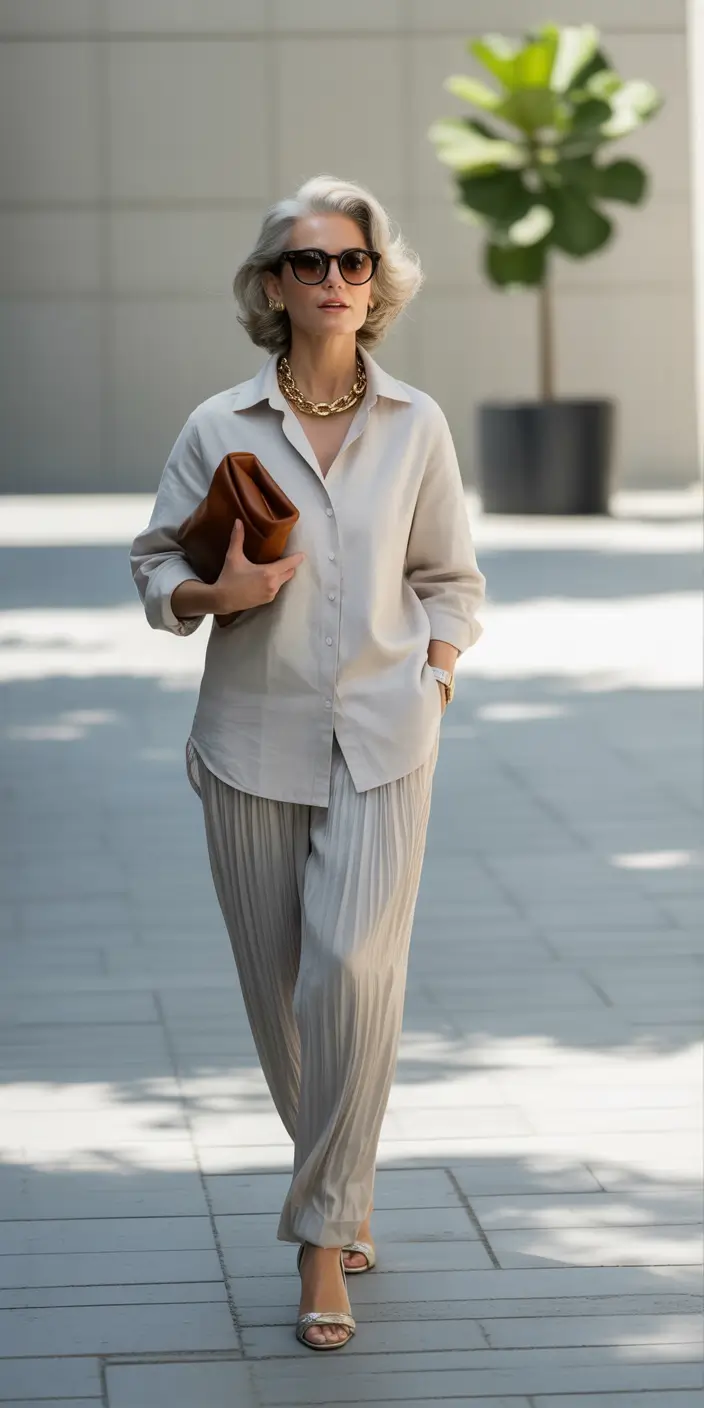 fall outfits for women over 50 Polished and Pleated with a Light Touch